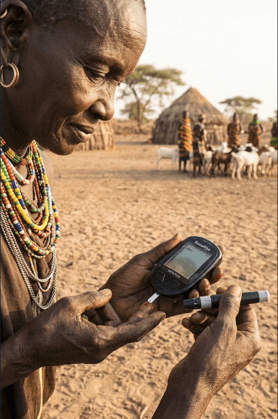 Turkana woman using SasaAfya glucose monitoring device